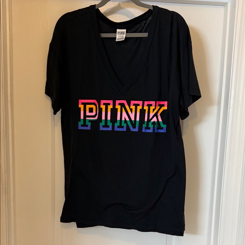 PINK Victoria's Secret Black Tee with Rainbow Logo
